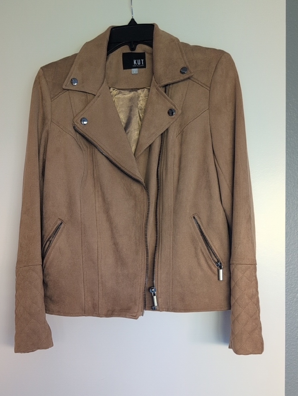 Kut from the Kloth Quilted-Sleeve Suede Moto Jacket in Camel/Tan